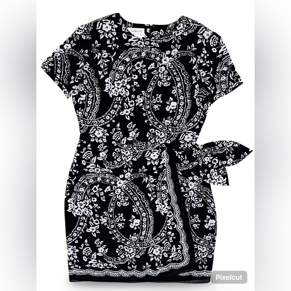 Talbots Faux Wrap Short Sleeve Tie Waist Floral Dress Black/White EUC ~Size 12 P